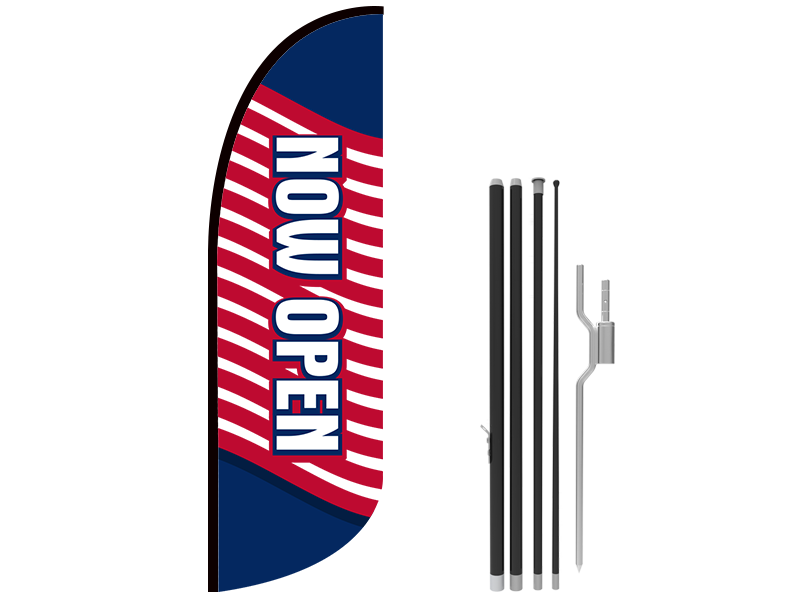 10ft NOW OPEN Stock Blade Flag with Ground Stake 01 10ft NOW OPEN Stock Blade Flag with Ground Stake 01