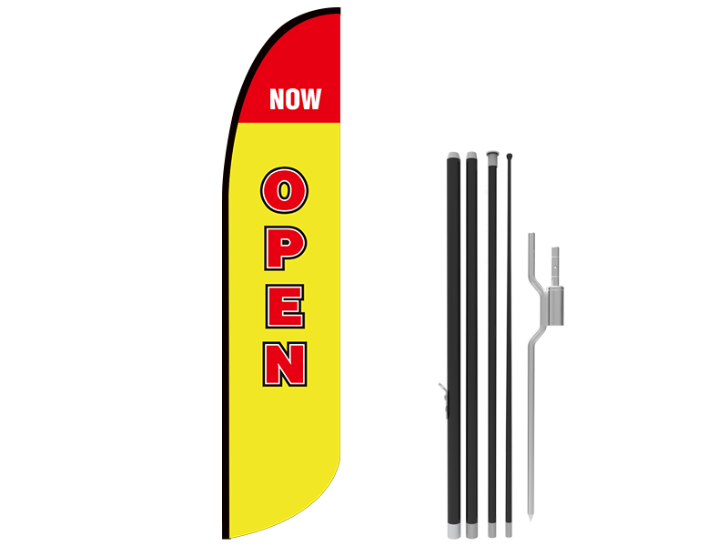 13ft NOW OPEN Stock Blade Flag with Ground Stake 01 13ft NOW OPEN Stock Blade Flag with Ground Stake 01
