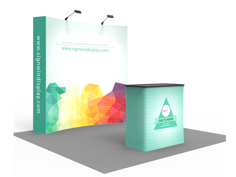 Custom 8ft Curved & Velcro Fabric Pop Up Trade Show Booth Backwall Display with Premium Case to Podium (Frame + Graphic) Custom 8ft Curved & Velcro Fabric Pop Up Trade Show Booth Backwall Display with Premium Case to Podium (Frame + Graphic)