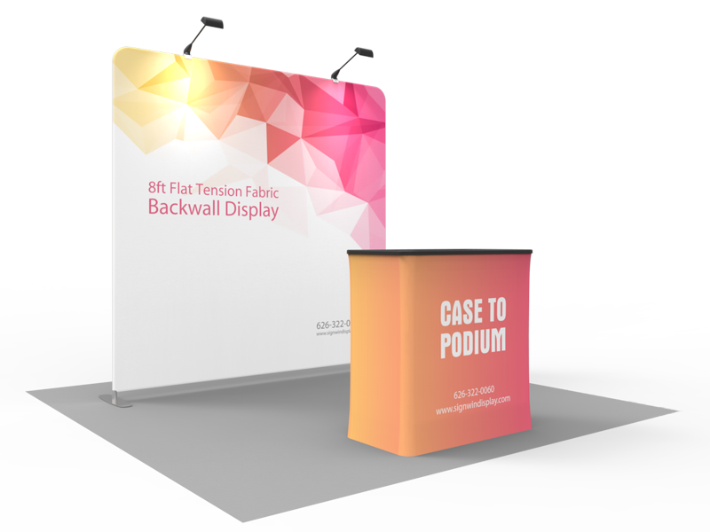 Custom 8ft Flat & Zippered Tension Fabric Trade Show Booth Backwall Display with Durable Case to Podium (Frame + Graphic) Custom 8ft Flat & Zippered Tension Fabric Trade Show Booth Backwall Display with Durable Case to Podium (Frame + Graphic)