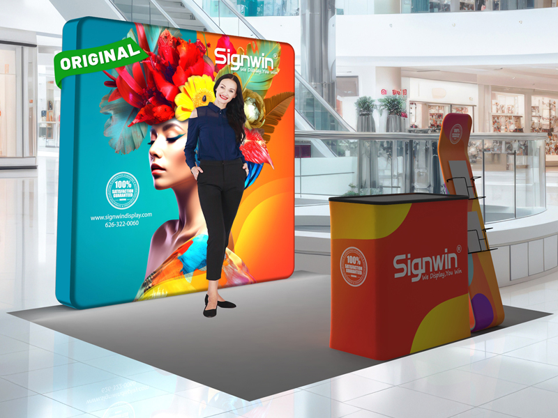 Custom 10x10ft Serpentine Brochure Literature Banner Stand & Podium Brilliant Tension Fabric LED Backlit Trade Show Display Column Booth Kit 26