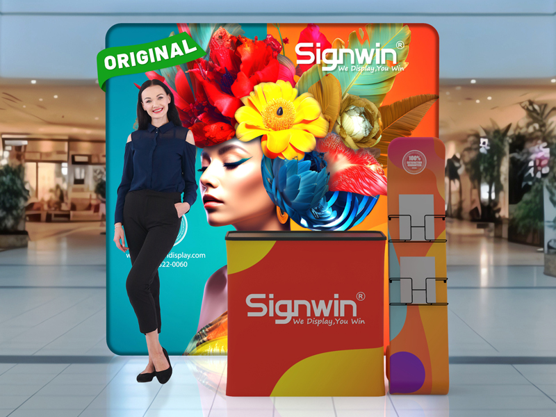 Custom 10x10ft Serpentine Brochure Literature Banner Stand & Podium Brilliant Tension Fabric LED Backlit Trade Show Display Column Booth Kit 26