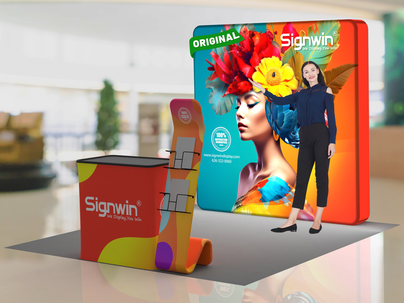 Custom 10x10ft Serpentine Brochure Literature Banner Stand & Podium Brilliant Tension Fabric LED Backlit Trade Show Display Column Booth Kit 26