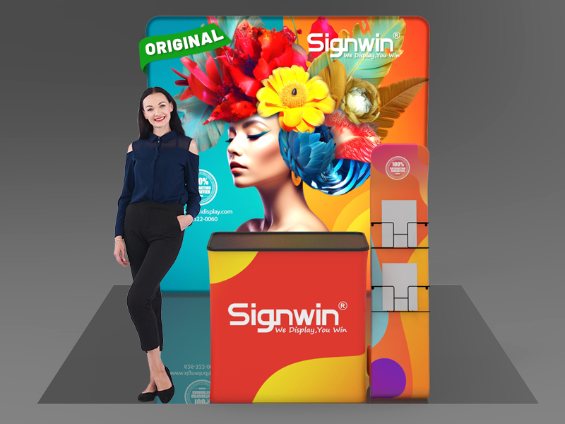 Custom 10x10ft Serpentine Brochure Literature Banner Stand & Podium Brilliant Tension Fabric LED Backlit Trade Show Display Column Booth Kit 26