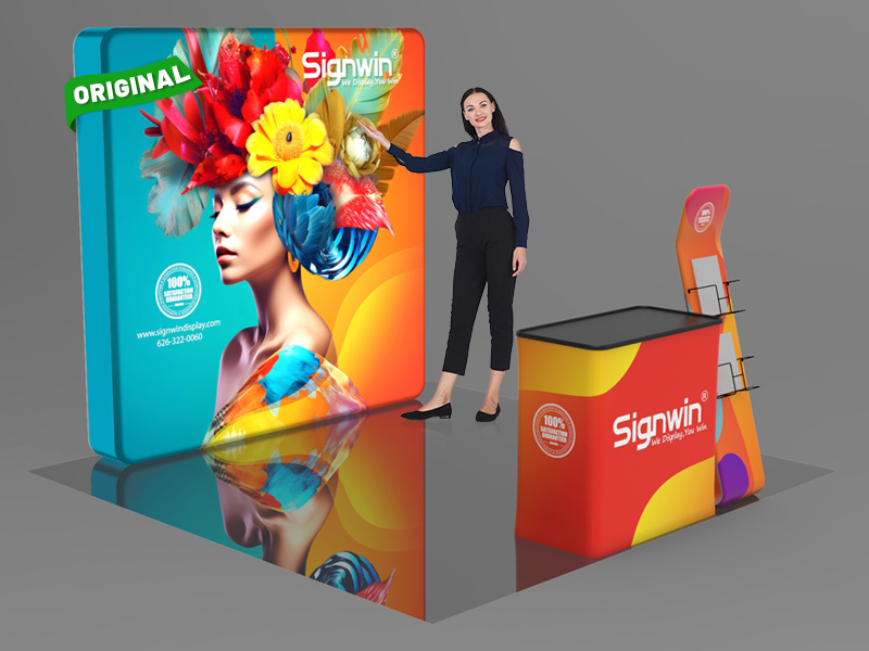 Custom 10x10ft Serpentine Brochure Literature Banner Stand & Podium Brilliant Tension Fabric LED Backlit Trade Show Display Column Booth Kit 26
