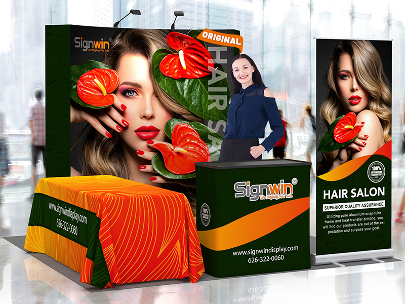 Custom 10x10ft Standard Curved Backwall & Roll Up Banner Stand & 3-Sided Loose Table Throw & Podium Pop Up Trade Show Display Booth Kit 52