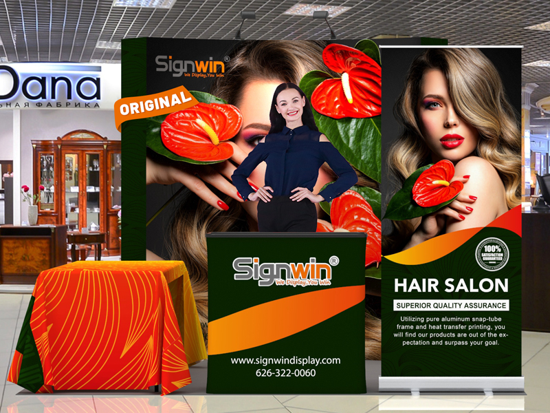 Custom 10x10ft Standard Curved Backwall & Roll Up Banner Stand & 3-Sided Loose Table Throw & Podium Pop Up Trade Show Display Booth Kit 52