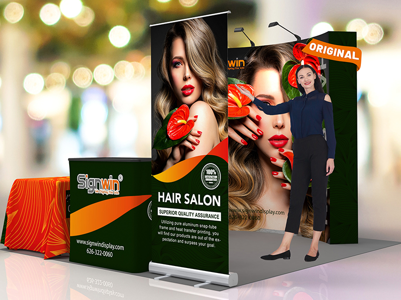 Custom 10x10ft Standard Curved Backwall & Roll Up Banner Stand & 3-Sided Loose Table Throw & Podium Pop Up Trade Show Display Booth Kit 52