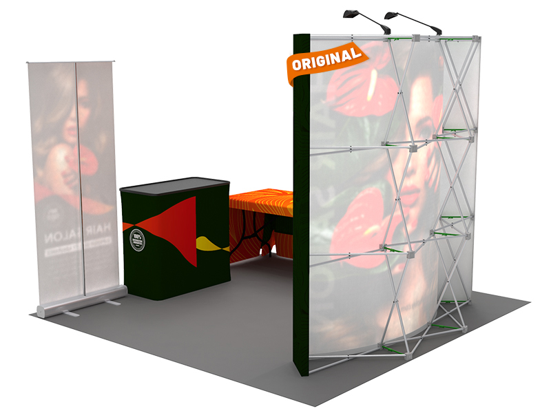 Custom 10x10ft Standard Curved Backwall & Roll Up Banner Stand & 3-Sided Loose Table Throw & Podium Pop Up Trade Show Display Booth Kit 52