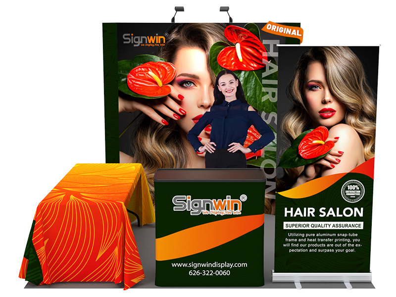 Custom 10x10ft Standard Curved Backwall & Roll Up Banner Stand & 3-Sided Loose Table Throw & Podium Pop Up Trade Show Display Booth Kit 52