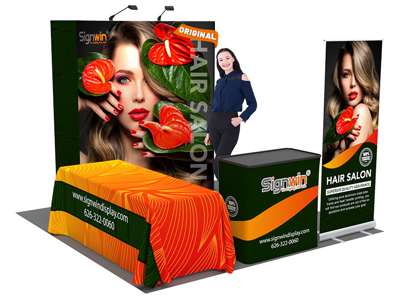 Custom 10x10ft Standard Curved Backwall & Roll Up Banner Stand & 3-Sided Loose Table Throw & Podium Pop Up Trade Show Display Booth Kit 52