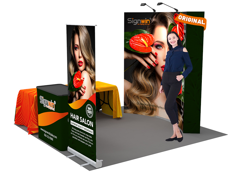 Custom 10x10ft Standard Curved Backwall & Roll Up Banner Stand & 3-Sided Loose Table Throw & Podium Pop Up Trade Show Display Booth Kit 52