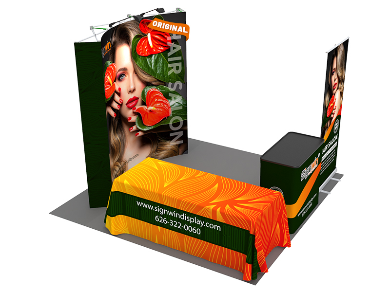 Custom 10x10ft Standard Curved Backwall & Roll Up Banner Stand & 3-Sided Loose Table Throw & Podium Pop Up Trade Show Display Booth Kit 52