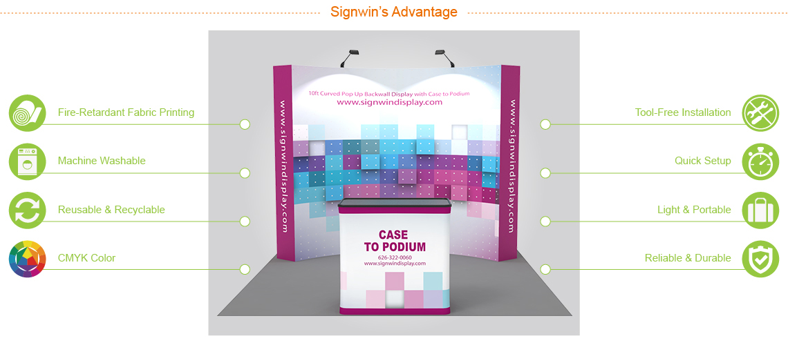 Signwin 10ft Curved & Printing Pop Up Backwall Display with Premium Case to Podium 10X8-CD-PUDP Advantage