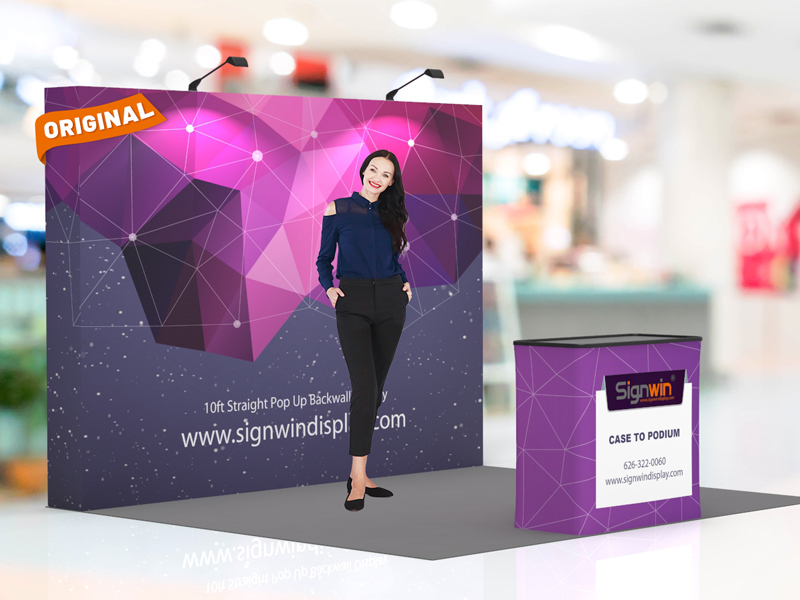 Custom 10ft Flat & Foldable Fabric Pop Up Trade Show Booth Backwall Display with Premium Case to Podium