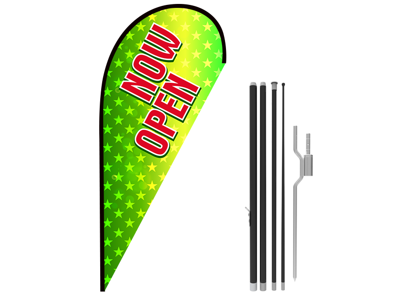 11ft NOW OPEN Stock Teardrop Flag with Ground Stake 03 - Signwin