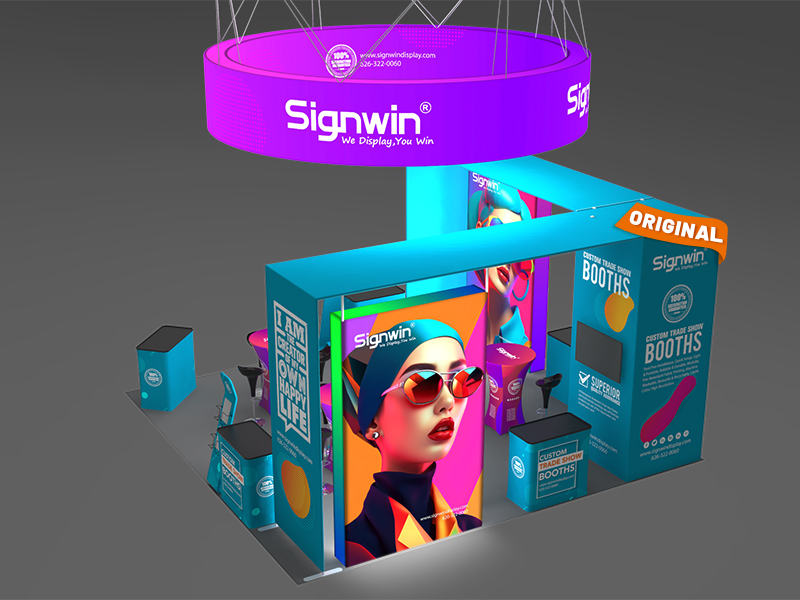 Custom 20x20ft 7-Shaped Archy Banner & Highboy Cocktail Table & Case to Podium Brilliant Tension Fabric LED Backlit Trade Show Display Column Booth Kit 10