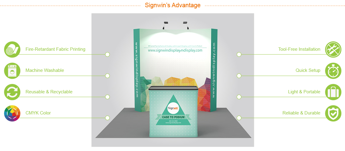Signwin 8ft Curved & Velcro Pop Up Backwall Display with Premium Case to Podium 8X8-CD-PUDP Advantage