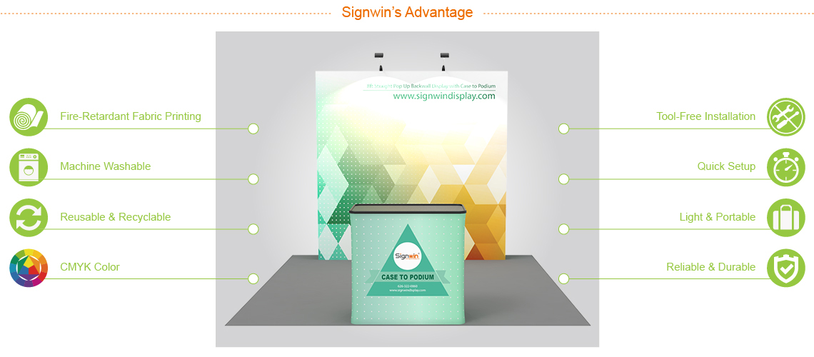 Signwin 8ft Straight Tradeshow Pop Up Backwall Display with Premium Case to Podium_8X8-ST-PUDP Advantage