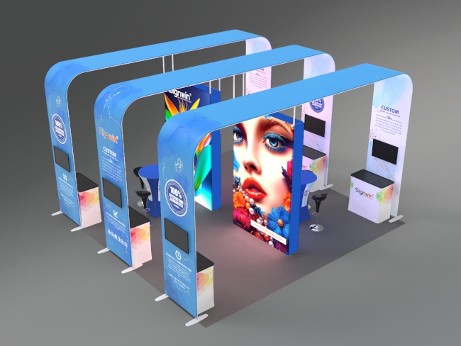 Custom 20x20ft Island Archy Monitor & Bar Table & Case to Podium Brilliant Tension Fabric LED Backlit Trade Show Display Column Booth Kit 09 - Signwin